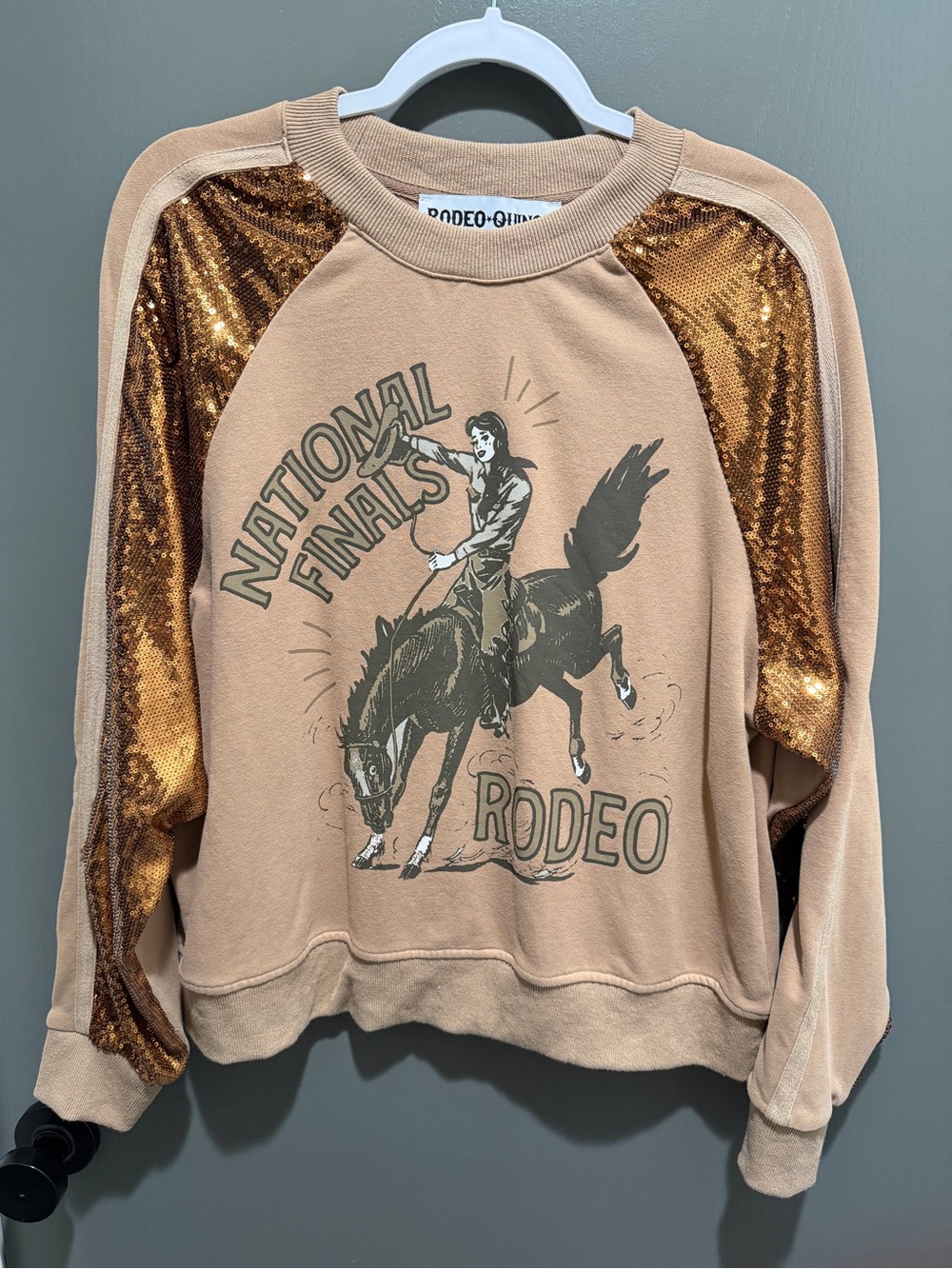 Rodeo Quincy NFR Undated Print Sequin Sleeve Sweatshirt - Tan